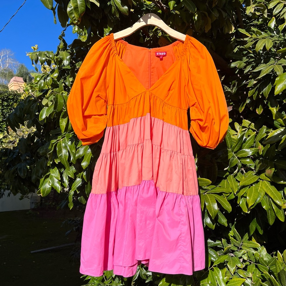 STAUD Meadow mini orange pink colorblock puff short sleeve tiered dress